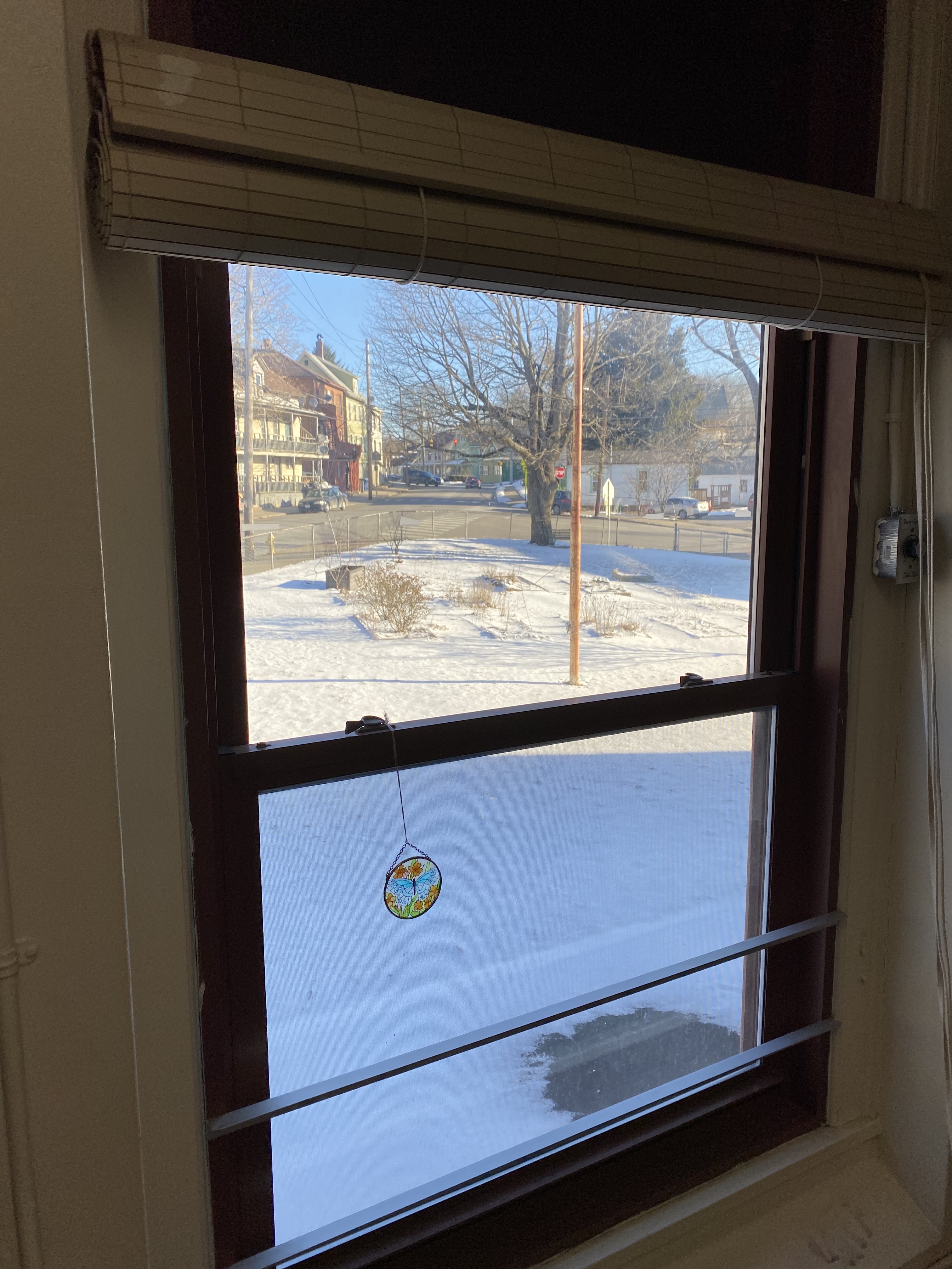 This is an image of a window and it’s view of a snowy landscape surrounded by a fence with a street on the other side of the fence. 
